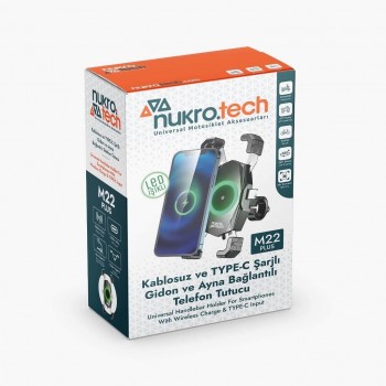Nukrotech M22 PLUS Wireless Şarjlı ve TYPE C Motosiklet Telefon Tutucu